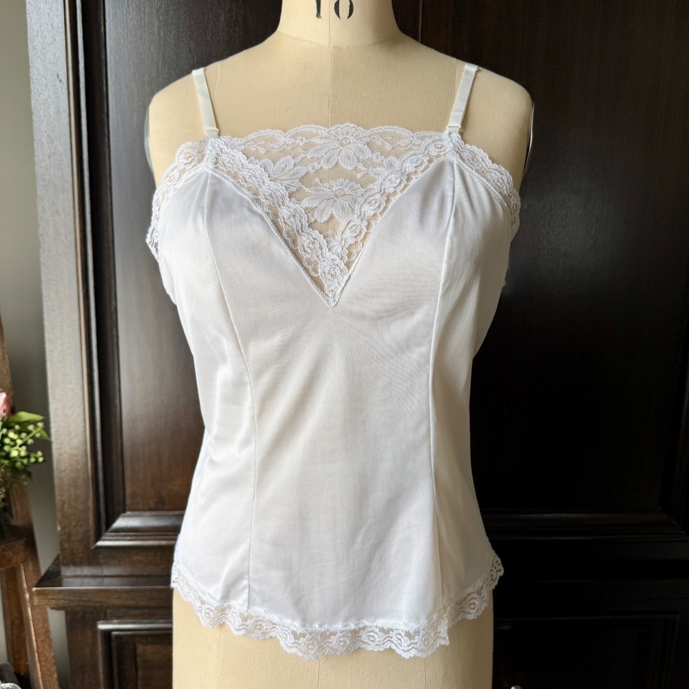 Vintage Camisole White Lace Satin Cami Adjustable‎ Straps Size 38 Coquette